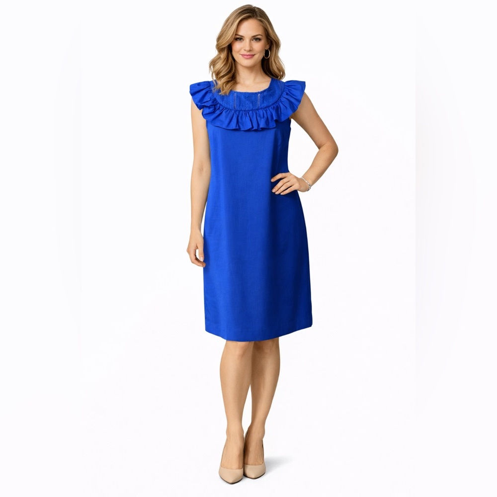 J Crew Dress 12 Cobalt Blue Rich Neckline Shift Cotton Career Casual Washable